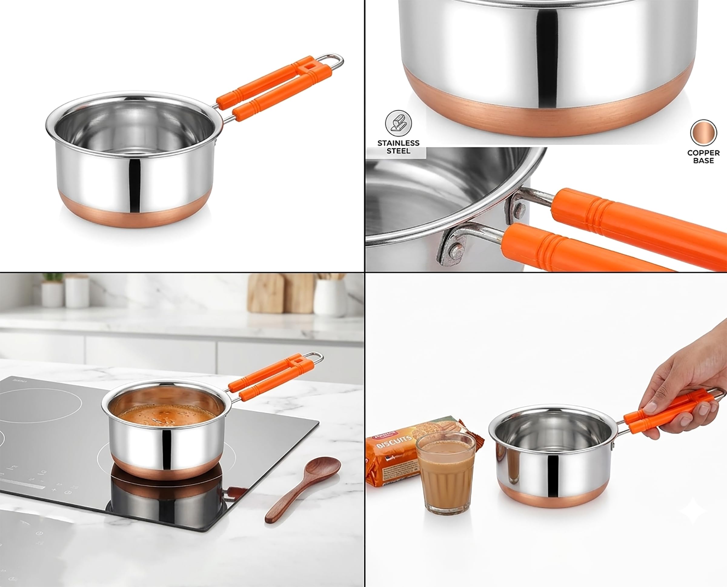 Stainless Steel 1000 ml Sauce Pan with Gas Stove Friendly Heavy Guage Copper Bottom Base Tea Pot, Tapeli, Patila & Milk Boiler with Heat-Resistant Bacelite Wire Handle