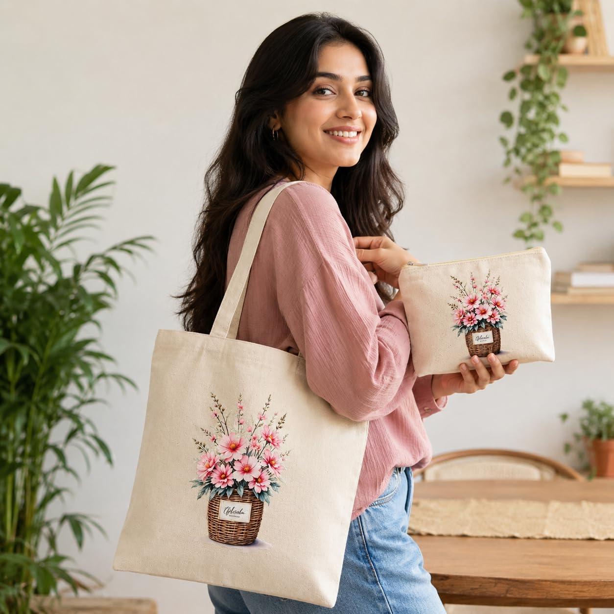 Esycarry Vase Print Canvas Tote Bag with Matching Zipper Pouch Set for Women, Artistic Cotton Shopping Tote with Organizer Pouch, Reusable Handbag for Work, Travel & Everyday Use