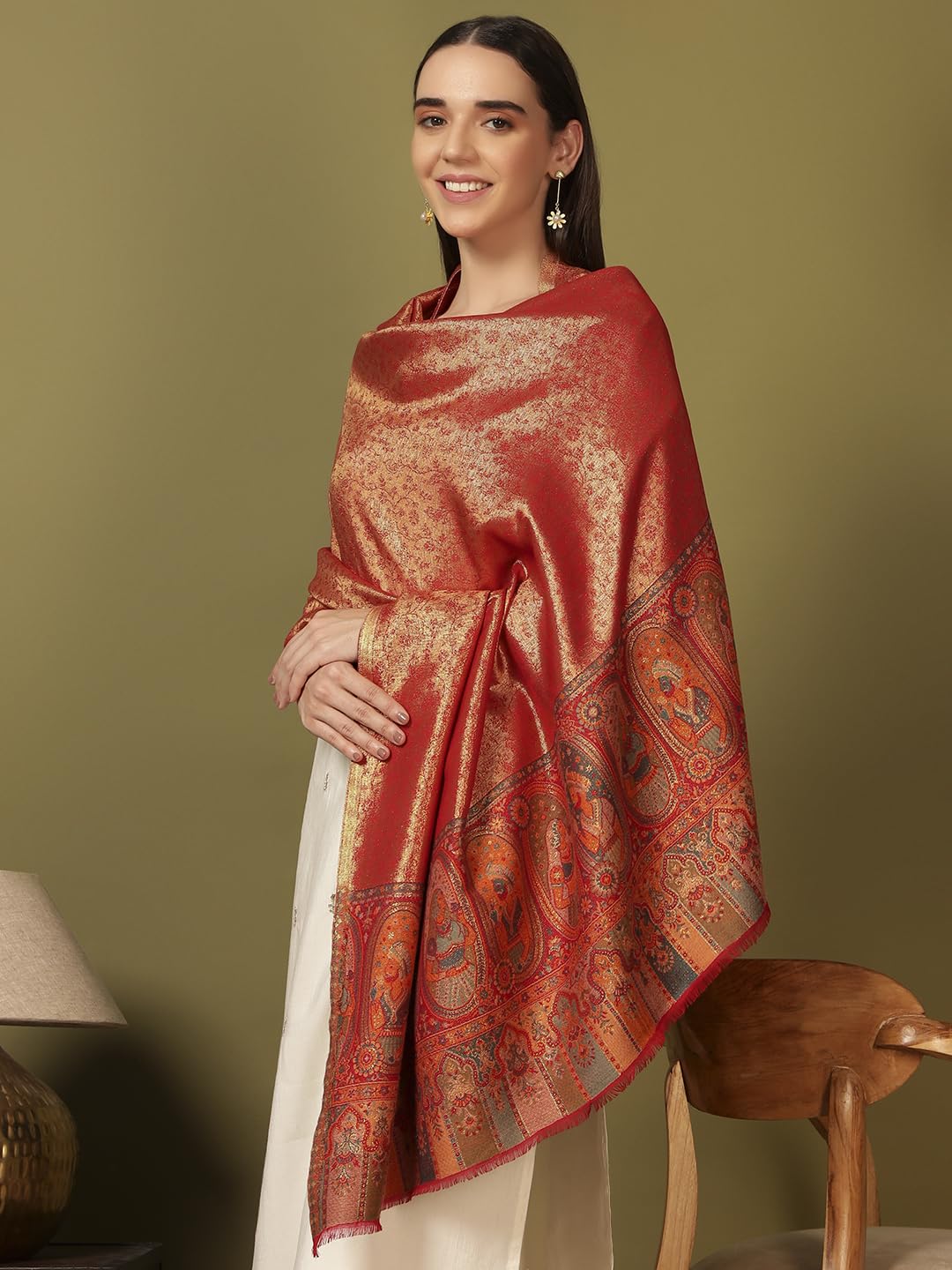 Pashmoda Women Silsila Zari Kaani Fine Wool Shawl (Size: 40x80in, 101x203cm) ZSS03