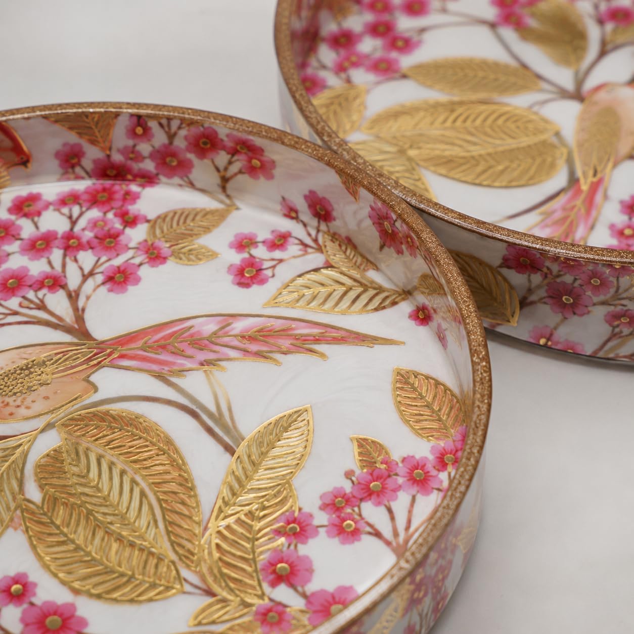 Dreams n Decor Pink Blossom Round Wooden Tray Set of 2 | MDF Serving Tray with Bird & Floral Enamel Print | Decorative Tray for Home, Coffee Table & Gifting | 7 & 9 Inch