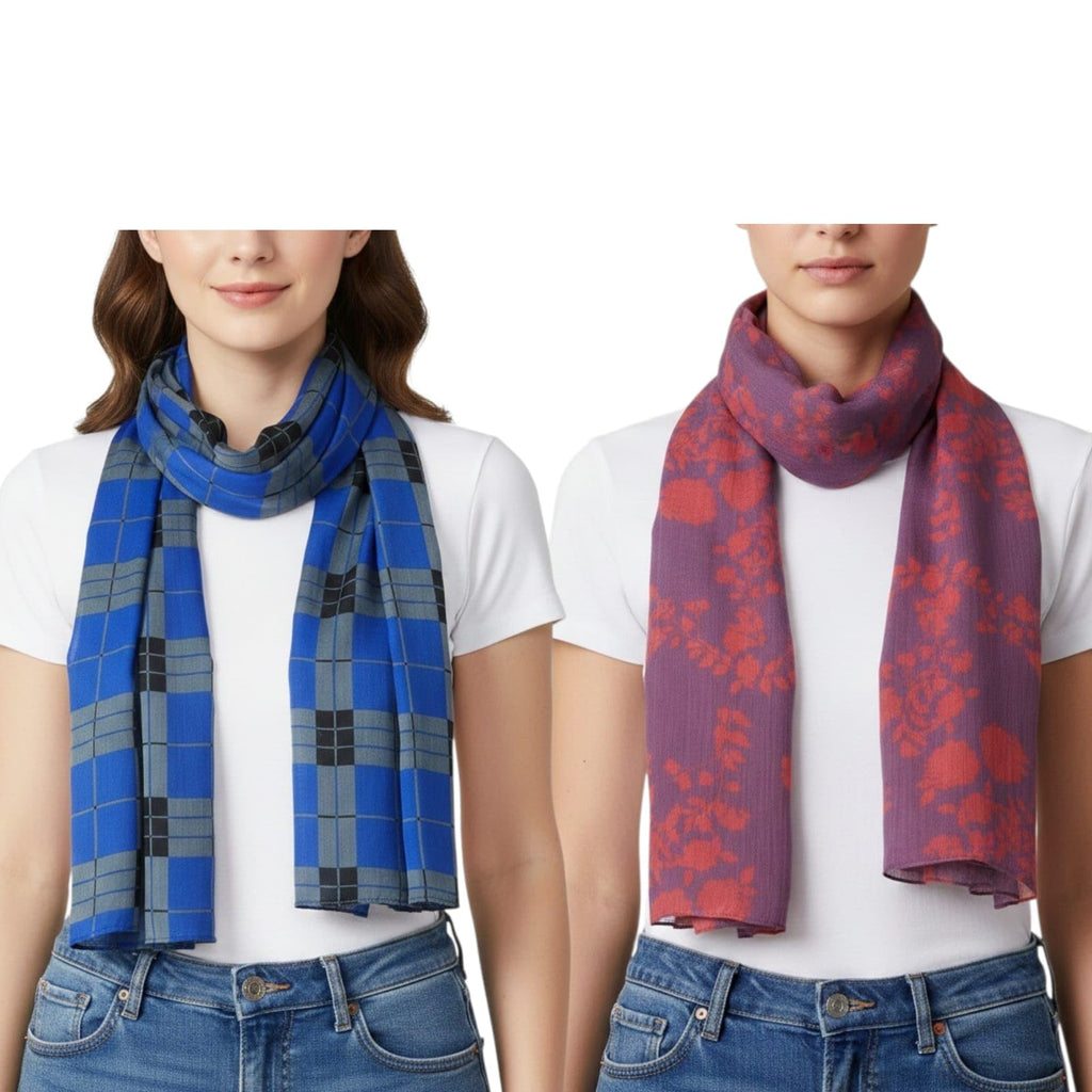 MINDORA Women's Georgette Cotton Chiffon Scarf Combo, Soft Lightweight Summer Scarf, Printed Stole for Daily Wear, Office, Saree & Gifting, Pack of 2 (Combo - 18)