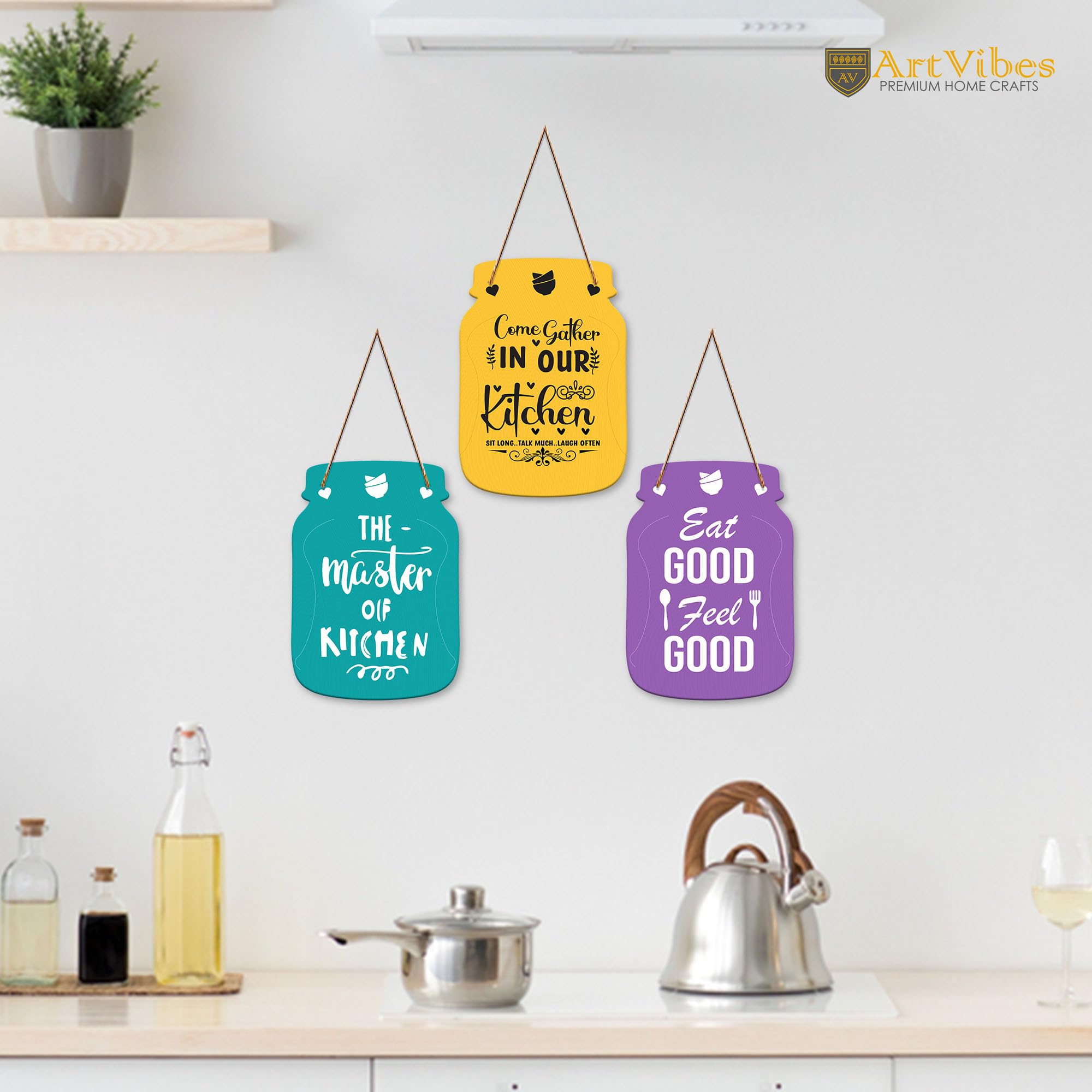 Artvibes Eat Good Feel Good Printed Wooden Wall Hanging for Kitchen | Cafe | Restaurant | Dining Room | Quotes Decor Item | Wall Poster | Food Quotes Decoration | Gift Items(WH_8907N), Set of 3