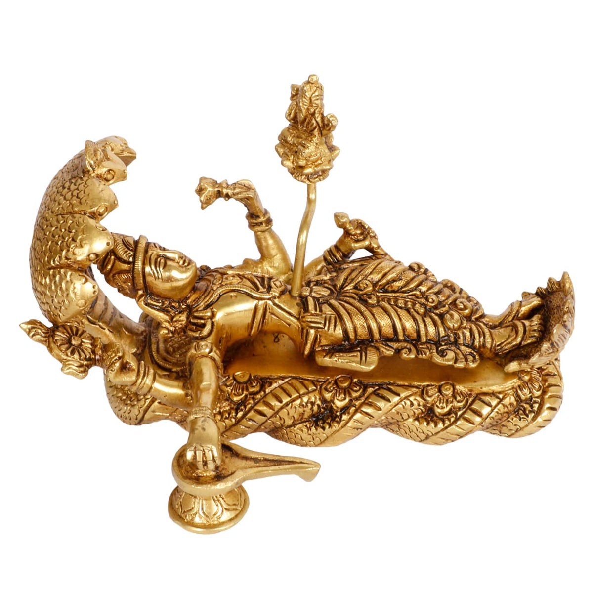 ARTVARKO Lord Ranganatha Swamy Vishnu Resting On Sheshnag Vaikunda Perumal Touching Shiva Lingam Brahma from Navel Brass Statue Gold Color 7.5 Inches