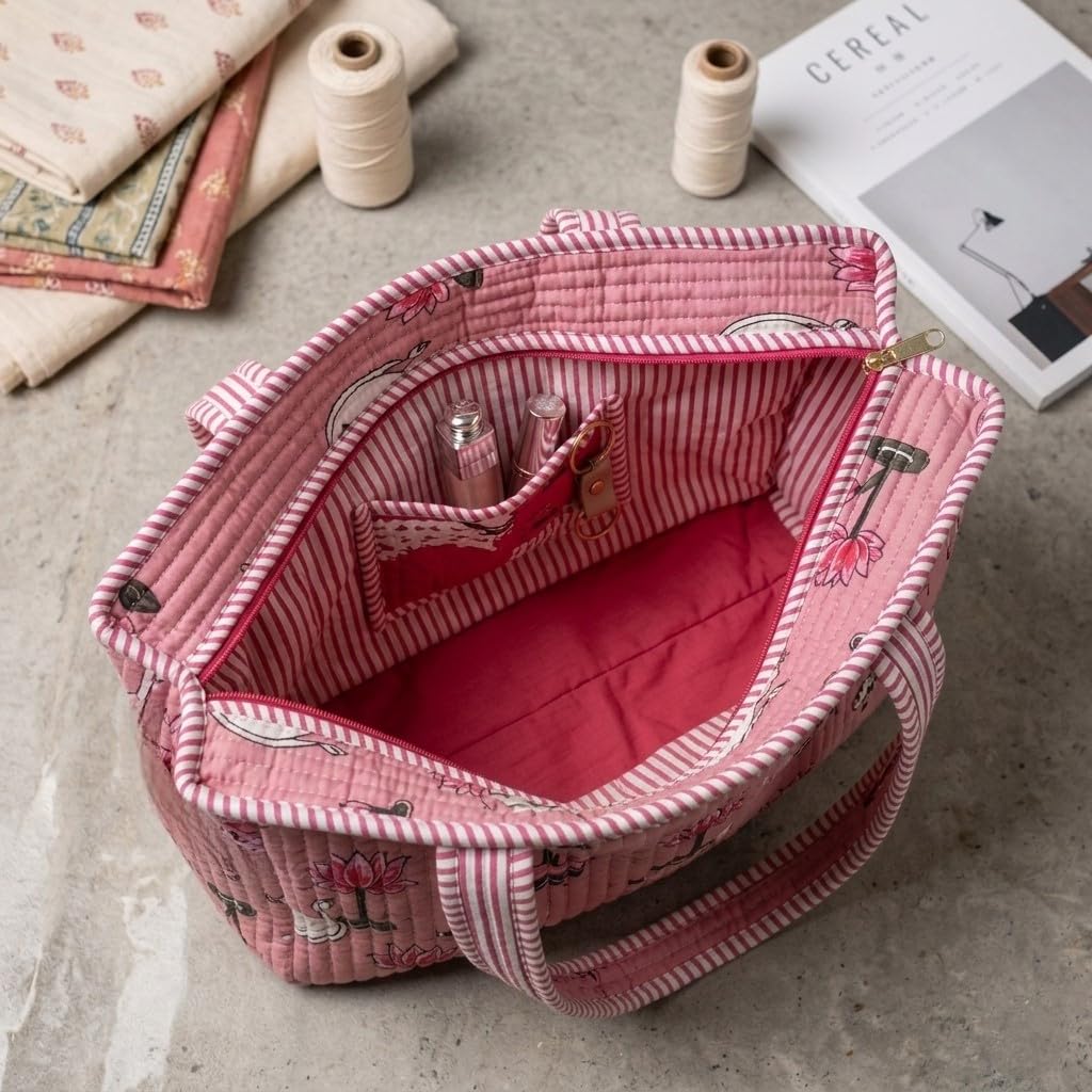 LOOMARTE Quilted Cotton Printed Tote Bag for Women & Girls - Pink