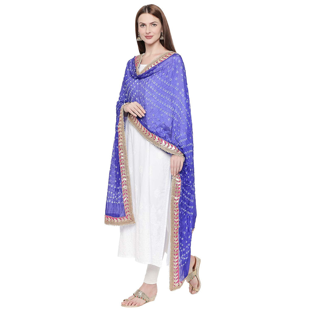 DUPATTA BAZAAR Woman's Royal Blue Bandhini Silk dupatta with Gotta Patti Border.