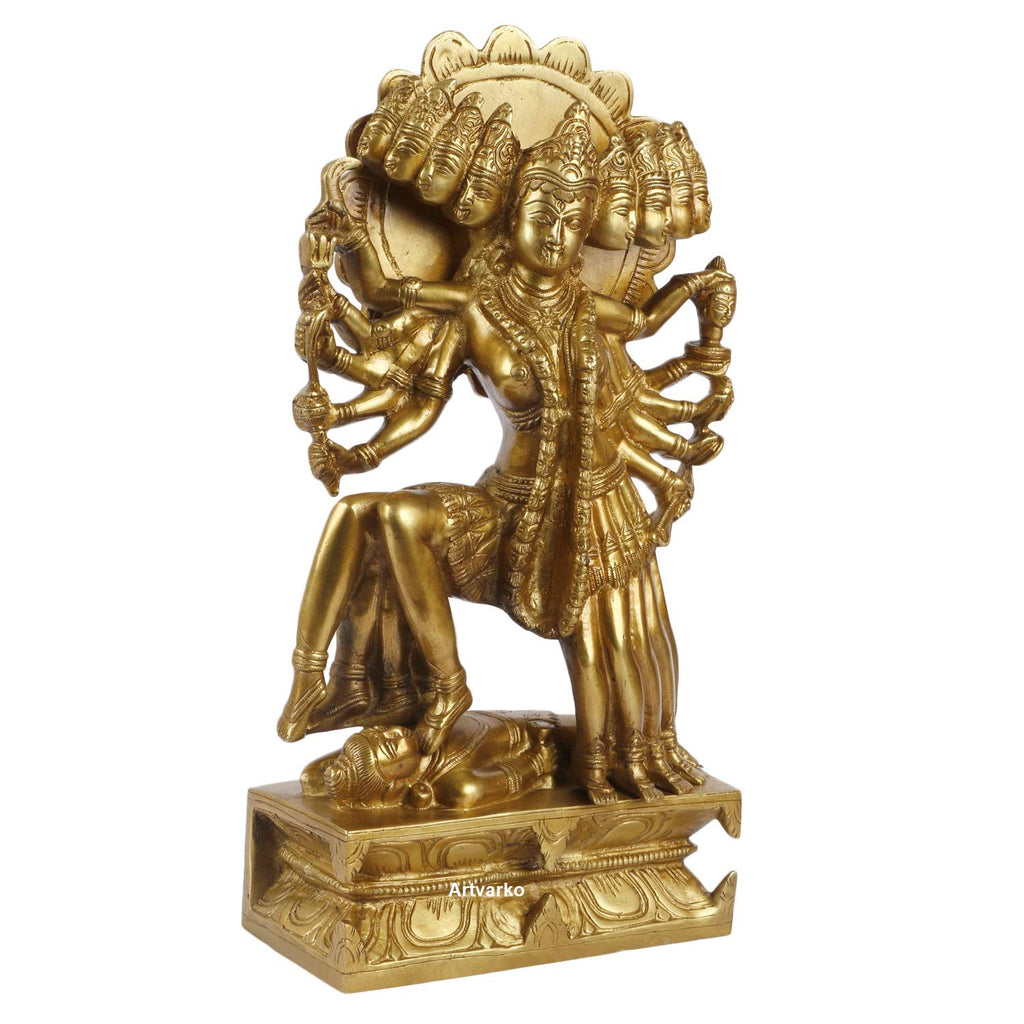 ARTVARKO Brass Kali Maa Murti | Maha Kali | Ten Faces Mahakali | Ten Legs Kalika Maa Brass Statue Sculpture Idol Murti Decor Height 13.5