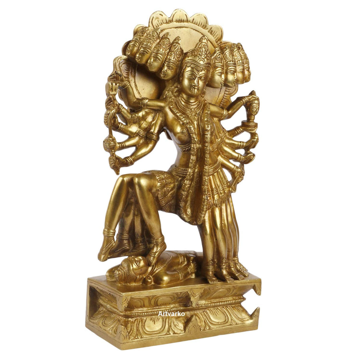 ARTVARKO Brass Kali Maa Murti | Maha Kali | Ten Faces Mahakali | Ten Legs Kalika Maa Brass Statue Sculpture Idol Murti Decor Height 13.5