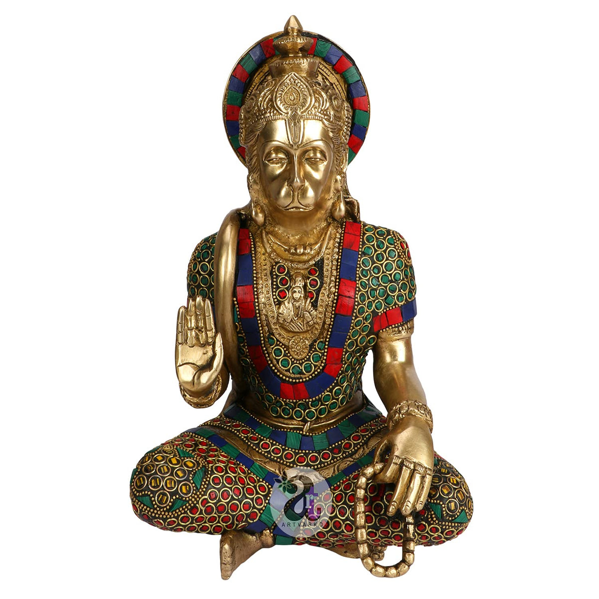 Artvarko Brass Hanuman Idol Multicolor Stone Handwork | Bajrang Bali Sitting Blessing Meditation for puja Sculpture Diwali Decor Gifts Height 11 Inches