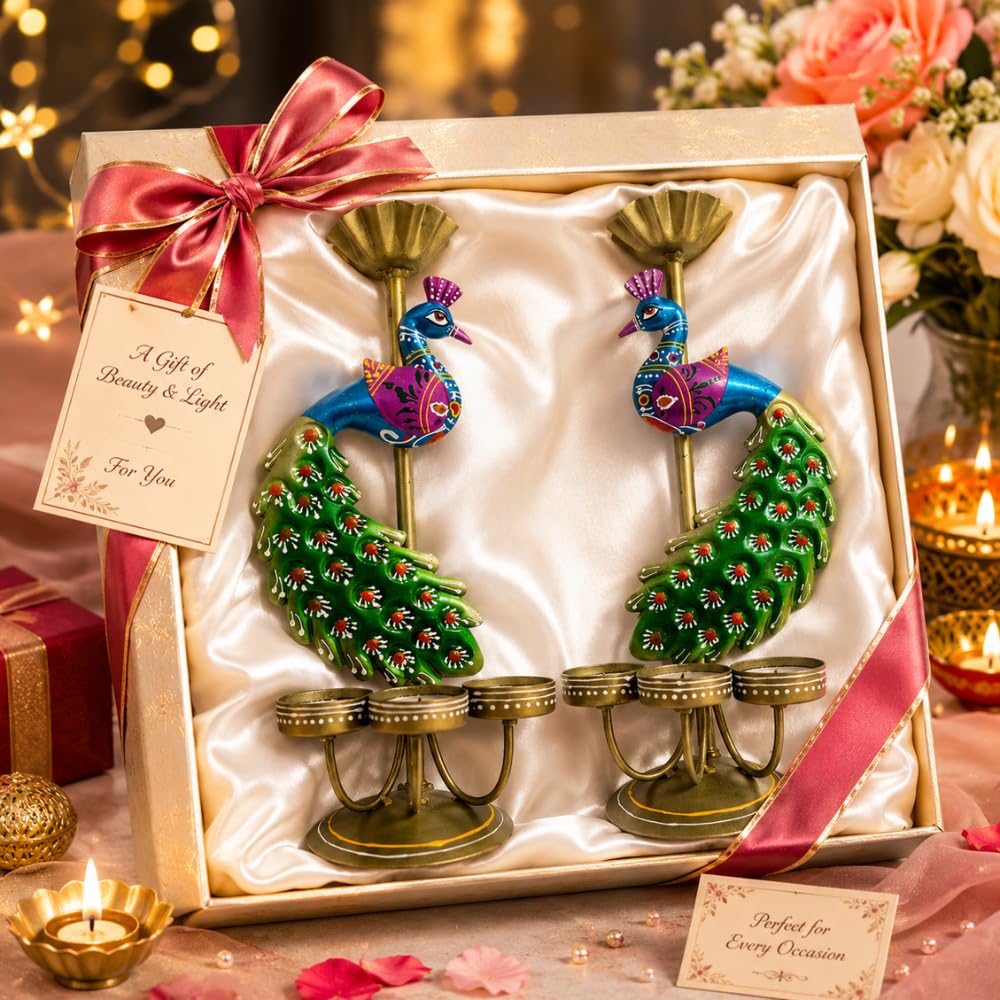 NOVERA MATERIALS Peacock Candle Holder Set of 2 | Handcrafted Metal Tea Light Stand with Colourful Peacock Design for Living Room, Table, Festive Décor & Gifting (Peacock Candle Light)