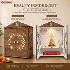 Beautiful Temple Mandir for Home with Door Wooden MDF | White Interior Pooja Temple with Storage Space | Wall Mounted & Tabletop Pooja Mandir for Home Office Decor (19.29 x 13.58 x 9.84 Inch)