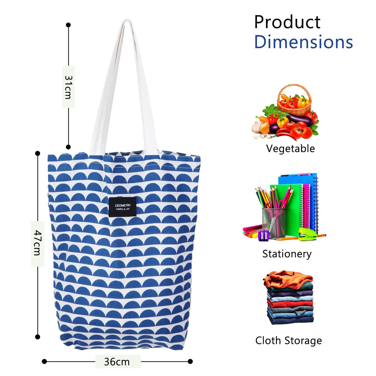 Blissowl Cotton Canvas Tote Bag with Zipper, Large Capacity Shopping Bags, Reusable Printed Bags for Grocery, Shopping, Work & Beach - White and Blue (16.5 x 14.5Inch)