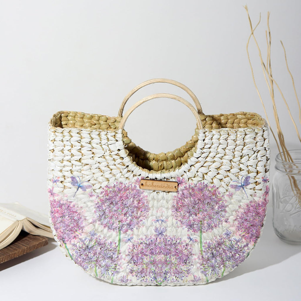 Habere India-All the Cultures Fabricating India Small Tote Bag | Straw Bags | Basket Bag | Bamboo Tote | Beach Bags for Women | White Handbag (Design 02)