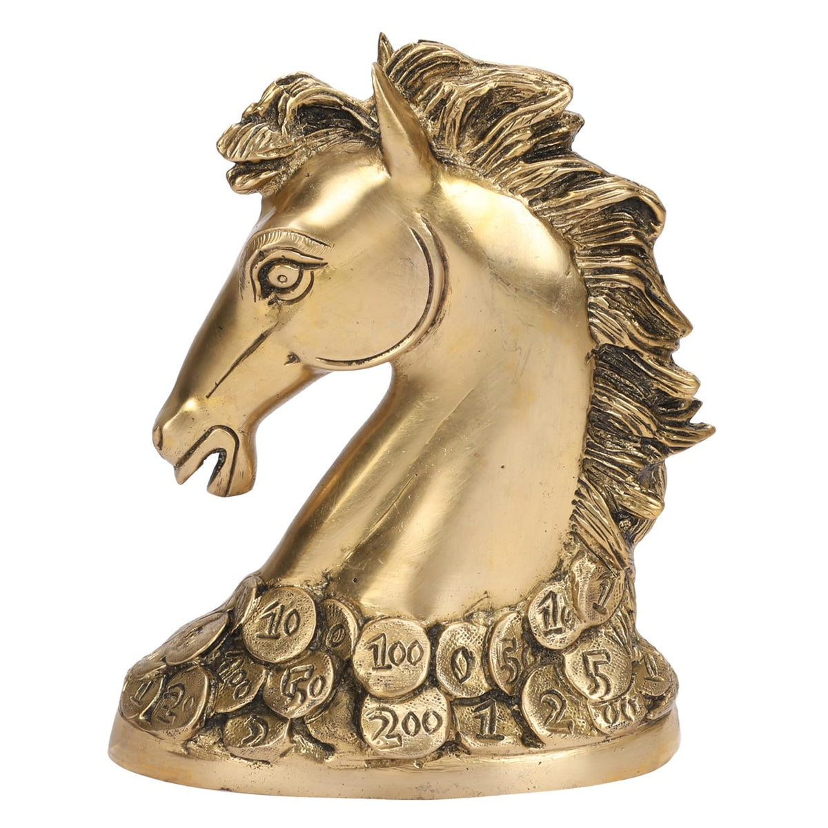 ARTVARKO Brass Victory Horse Head on Coin Feng Shui Animal for Career Success Growth Decor Gift Showpiece (15x8x18 cm)