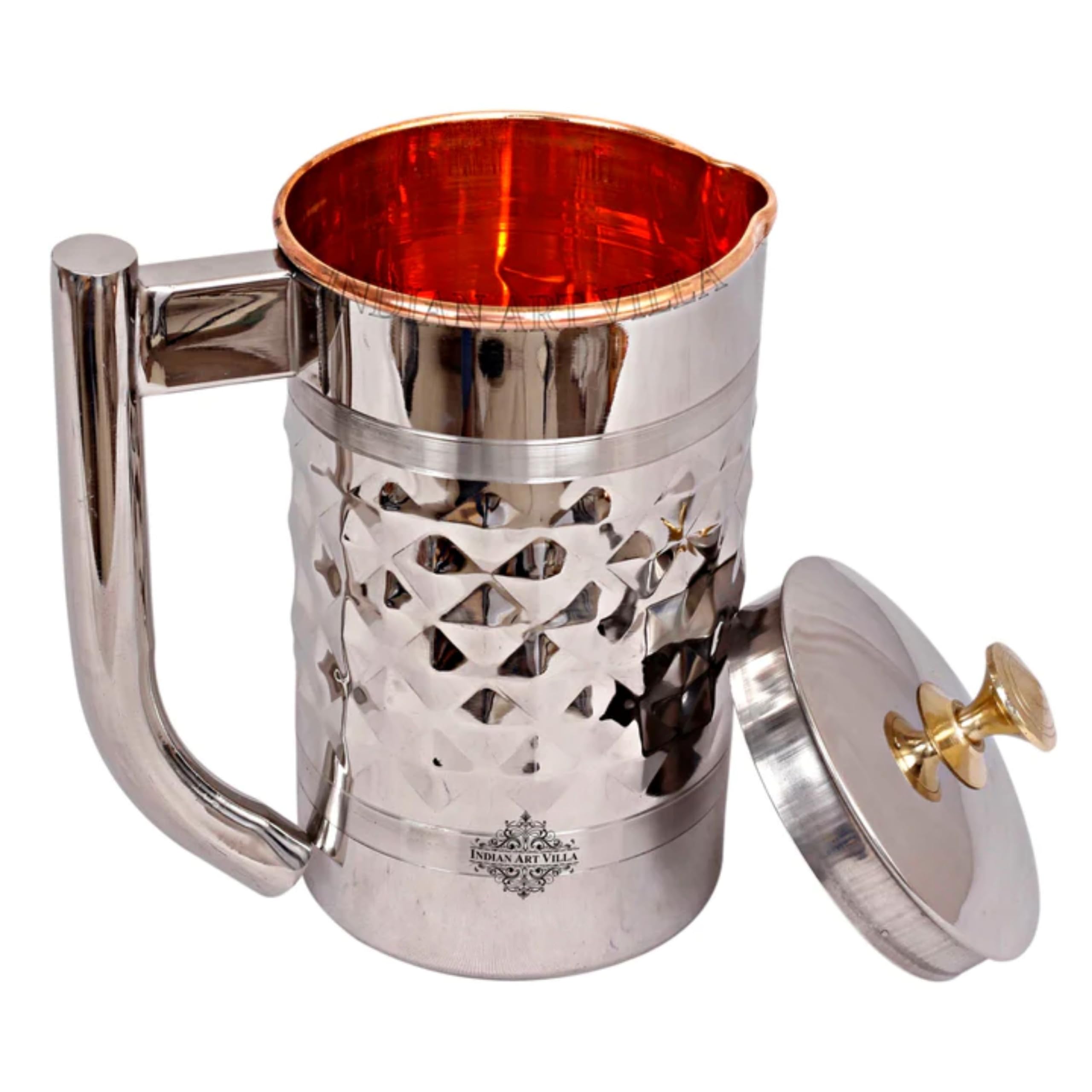 Indian Art Villa Diamond Hammered Steel Copper Jug Pitcher with Brass Knob, Serveware, 2000 ML
