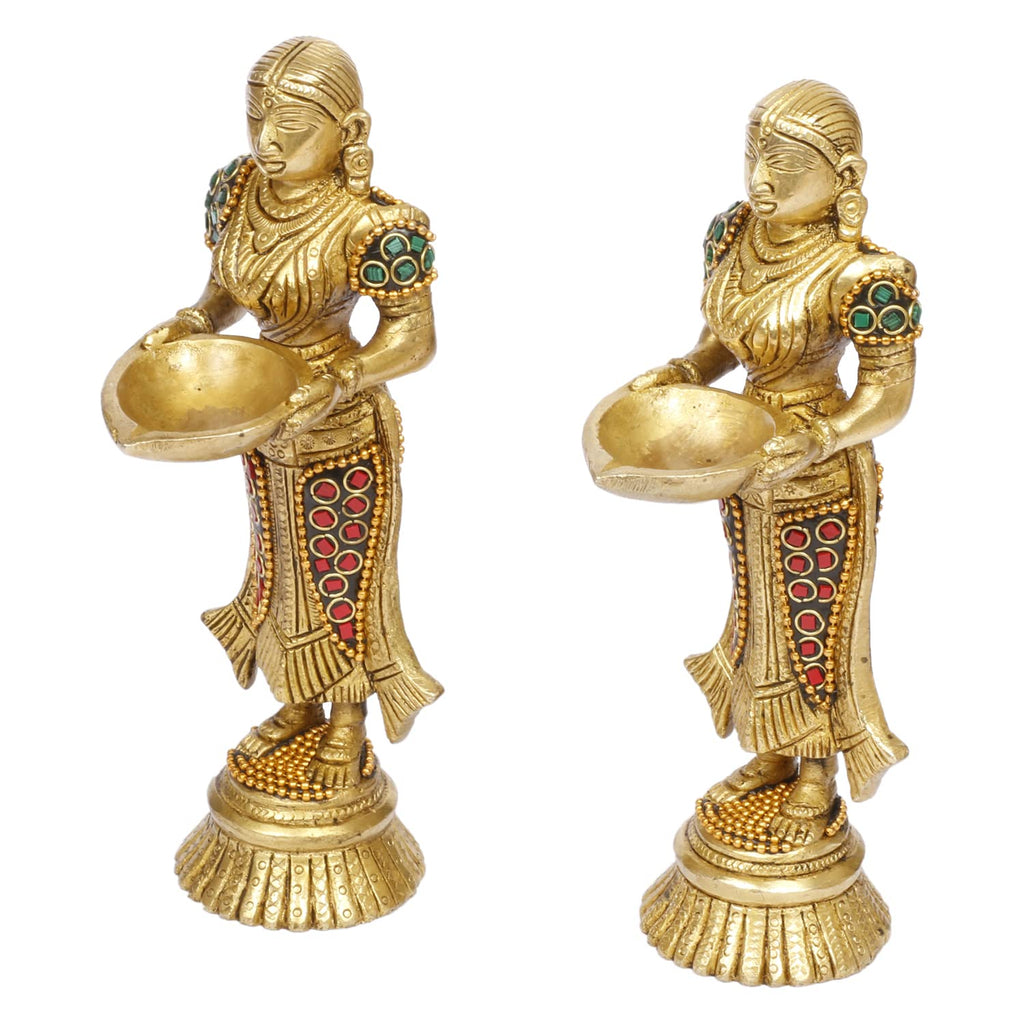 Artvarko™ Paavai Vilakku Deepam Welcome Diya Lady Pair (2 Pcs) Brass with Inlay Laxmi Deepluxmi Puja Diwali Oil Lamp Pooja Home Décor Gift 8 Inch