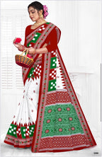 Sareewalla Women Cotton Sambalpuri Saree with Traditional Ethnic Patterns and Decorative Printed Border | Soft Breathable Cotton Saree | Without Blouse Piece (Red)
