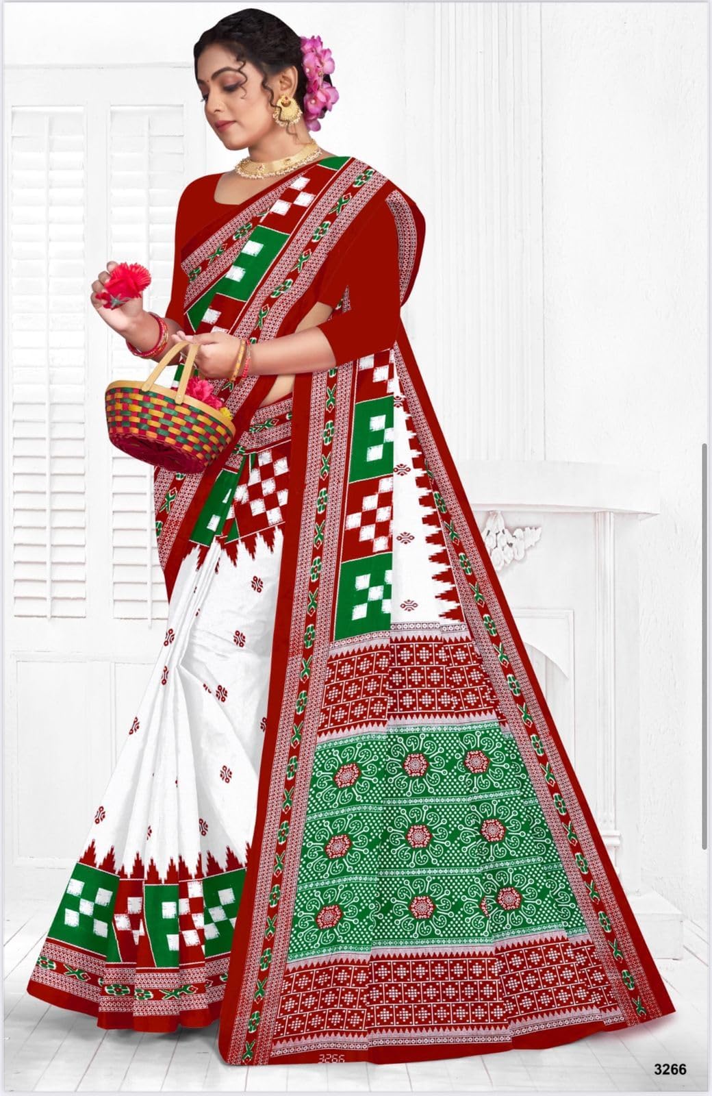 Sareewalla Women Cotton Sambalpuri Saree with Traditional Ethnic Patterns and Decorative Printed Border | Soft Breathable Cotton Saree | Without Blouse Piece (Red)