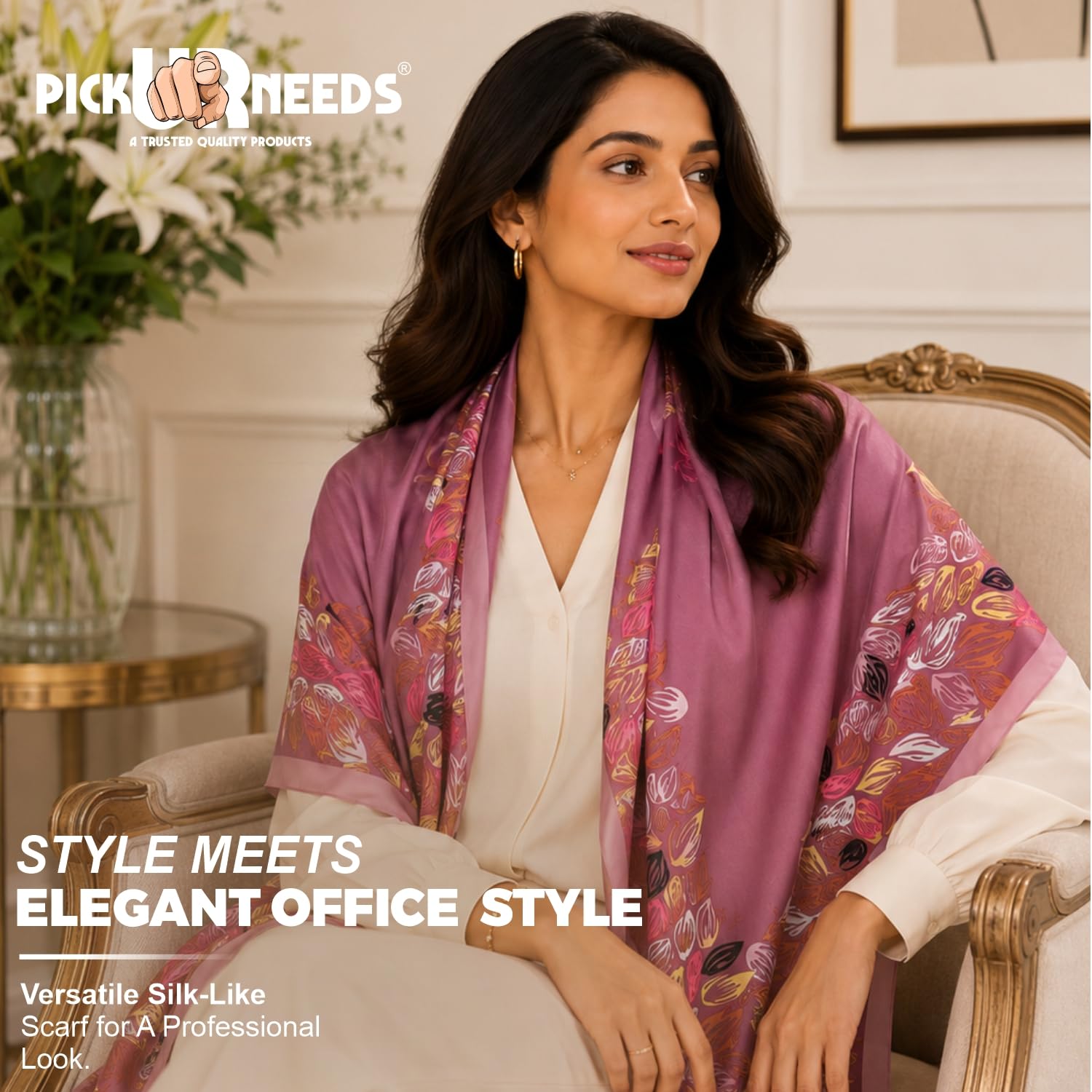 Pick Ur Needs Premium Satin Silk Feel Rectangle Scarf for Womens & Girls Floral Printed Long Fashion Stall Soft Lightweight Neck, Head & Shoulder Wrap