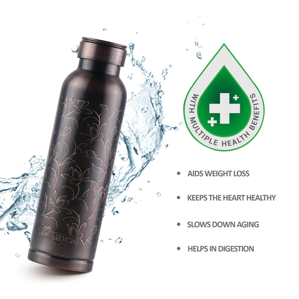 MILTON Copper Swasth Water Bottle, 940 ml, Black Lotus | Lacquer Coating, Curved bottle | Diwali | Festive | Gifting | Yoga | Home | Kitchen | Vedic