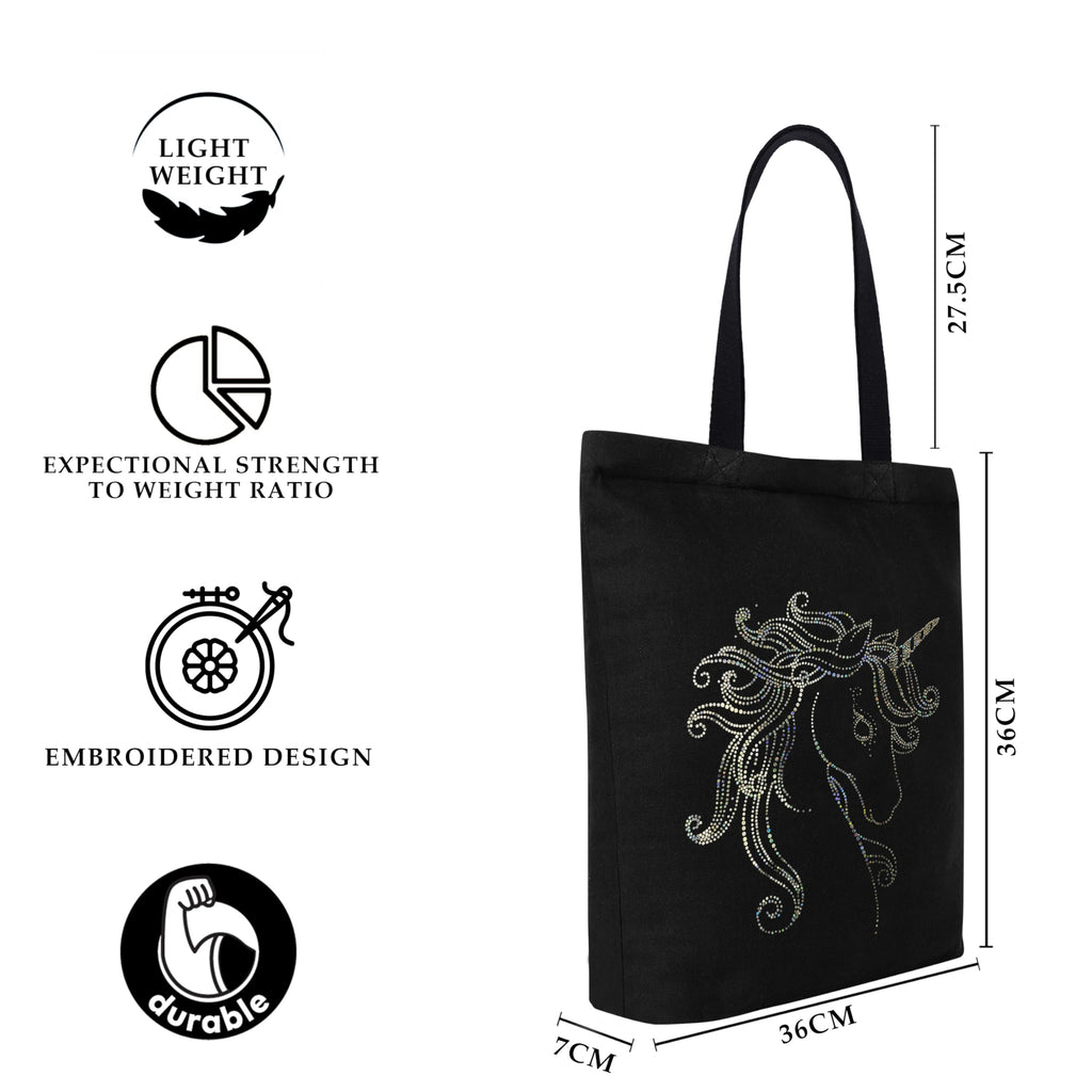 MASQ By Q-One Canvas Unicorn Embroidered Utility Tote Bags For Women With Zip, College Bag For Girls, 100% Organic Cotton Tote Bag For Traveling & Daily Use