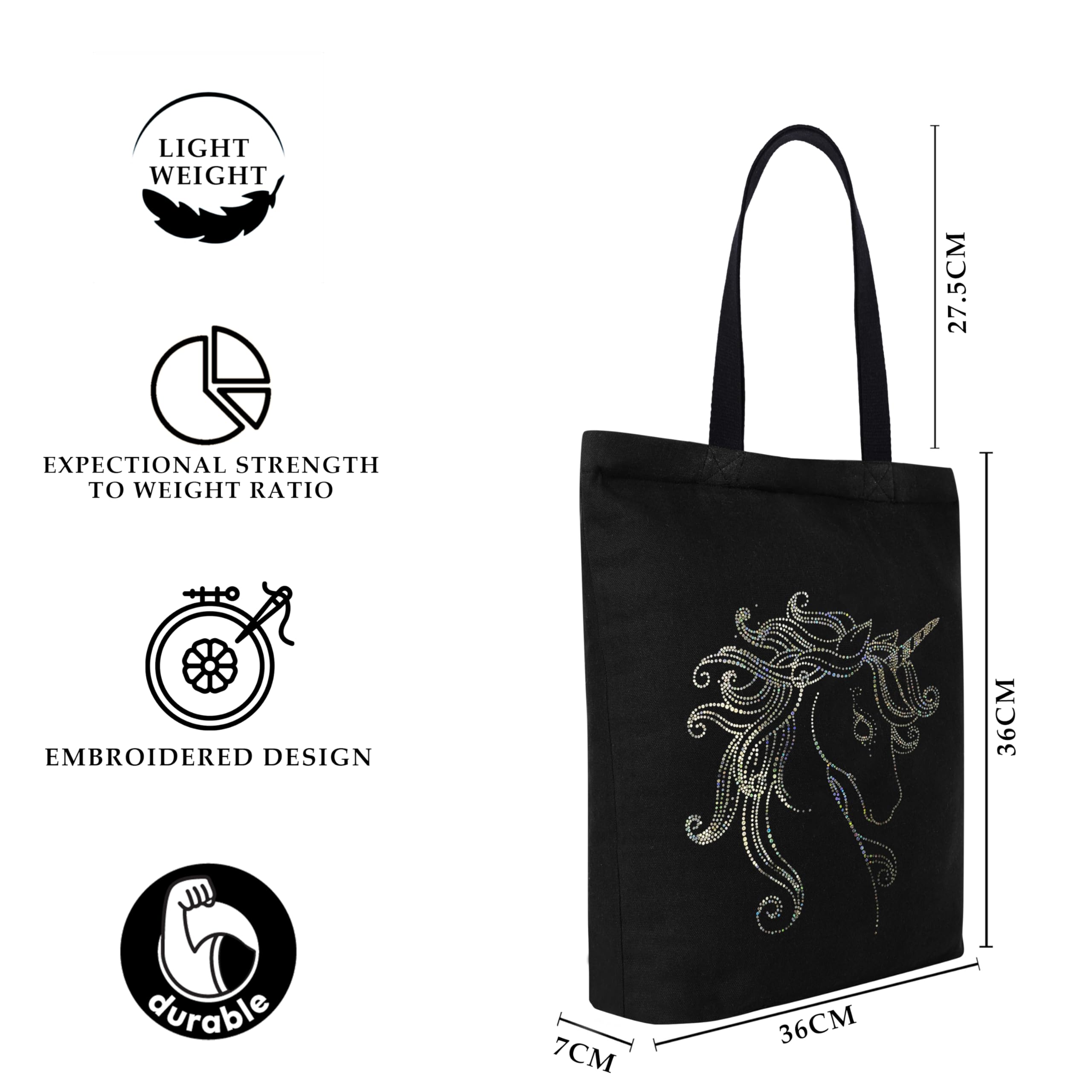 MASQ By Q-One Canvas Unicorn Embroidered Utility Tote Bags For Women With Zip, College Bag For Girls, 100% Organic Cotton Tote Bag For Traveling & Daily Use