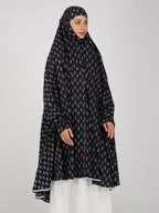 ANA Eshaal Black Floral Prayer Dress – Pure Cotton Prayer Dress with Tie Knot, 50″ Front × 58″ Back | Attached Sleeves | Lightweight, Breathable for Hajj, Umrah & Salah