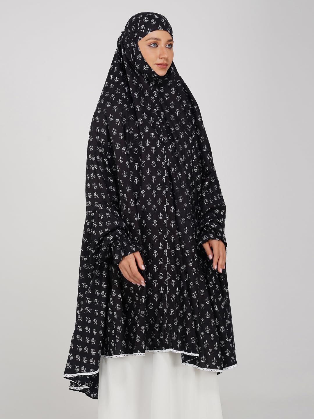 ANA Eshaal Black Floral Prayer Dress – Pure Cotton Prayer Dress with Tie Knot, 50″ Front × 58″ Back | Attached Sleeves | Lightweight, Breathable for Hajj, Umrah & Salah