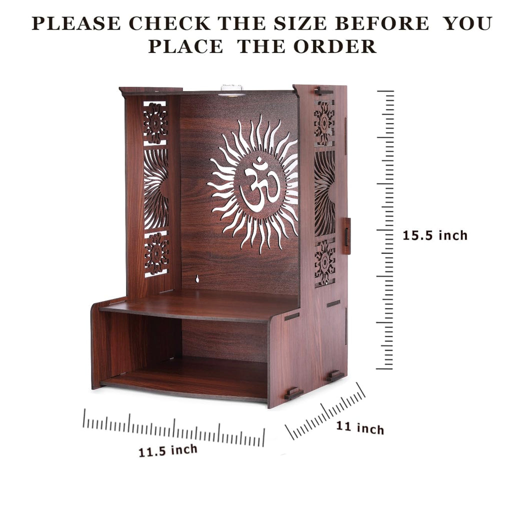KATHORWARES Wooden Temple with LED Spot Light | Pooja Mandir Stand for Home | Puja Mandir with Smart Lock System & Hang Hole | Decorative Wooden Temple for Home & Office/Shop(Surya Sun)