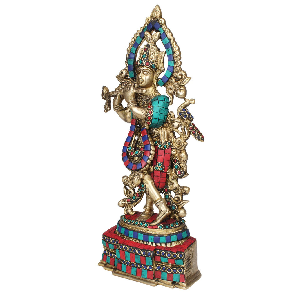 SVARUP Brass Lord Krishna Statue Krishan Playing Flute Home Decor for Living Room Pooja Gift Height 13 Inch