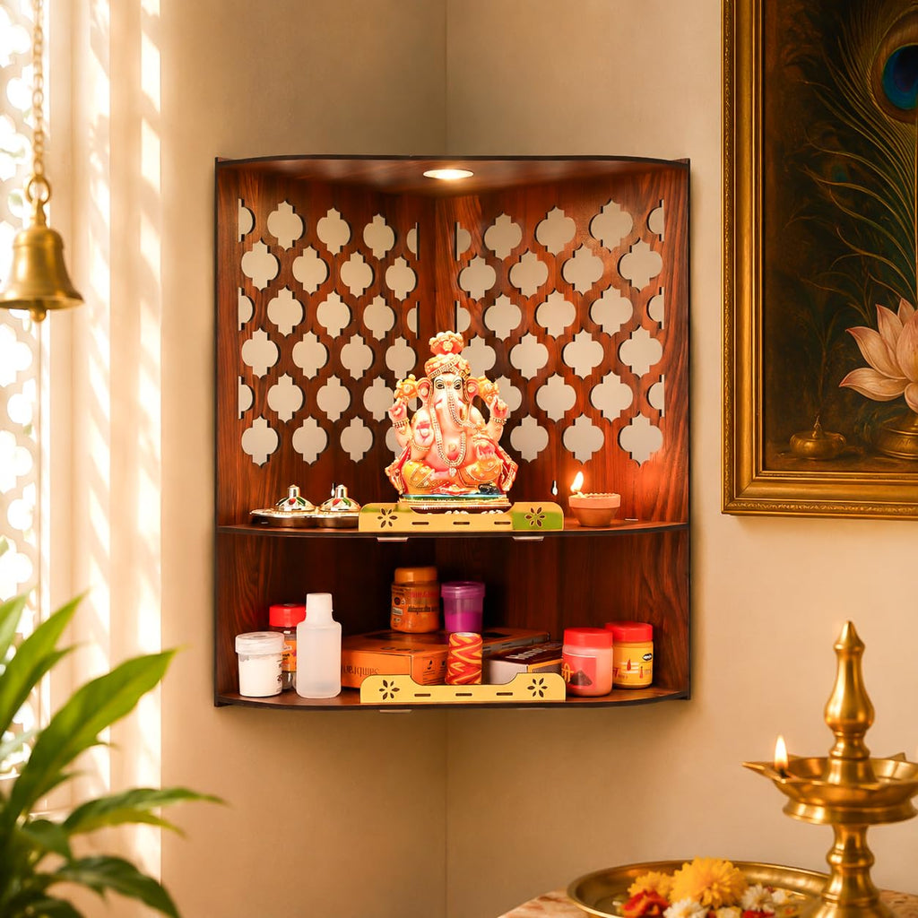 Gift Kya De Wooden Corner Pooja Mandir for Home & Office | Wall Mounted Pooja Stand with LED Light | GKD Compact Wooden Temple for Wall Corner, Devghar for Desk (H-17 x W-10 x L-15 Inch)