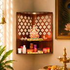 Gift Kya De Wooden Corner Pooja Mandir for Home & Office | Wall Mounted Pooja Stand with LED Light | GKD Compact Wooden Temple for Wall Corner, Devghar for Desk (H-17 x W-10 x L-15 Inch)