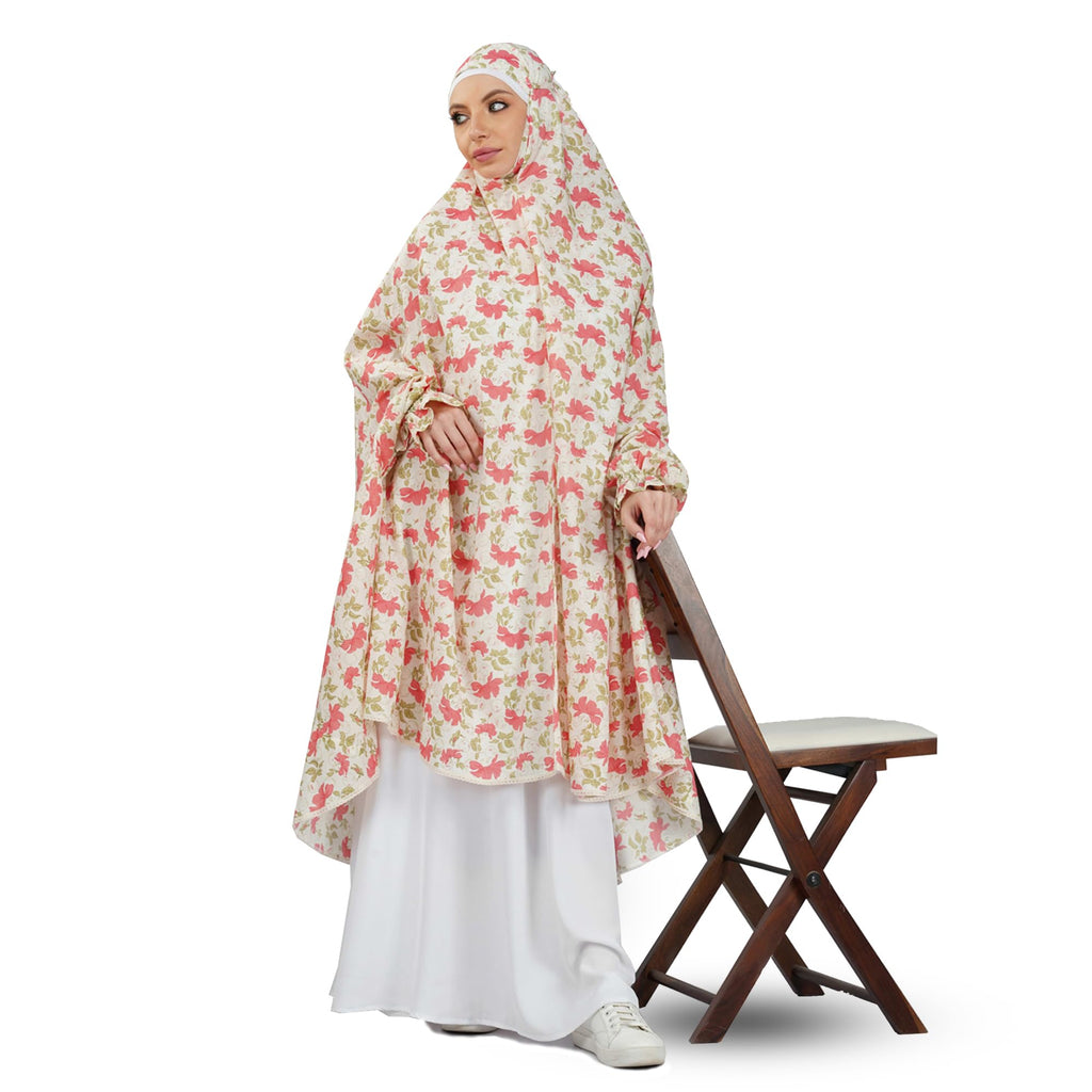 ANA Noor Jahan Pink Hibiscus Floral Prayer Dress – Pure Cotton Namaz Makhna with Tie Knot, 50″ Front × 58″ Back | Attached Sleeves | Lightweight, Breathable for Hajj, Umrah & Salah