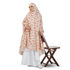 ANA Noor Jahan Pink Hibiscus Floral Prayer Dress – Pure Cotton Namaz Makhna with Tie Knot, 50″ Front × 58″ Back | Attached Sleeves | Lightweight, Breathable for Hajj, Umrah & Salah