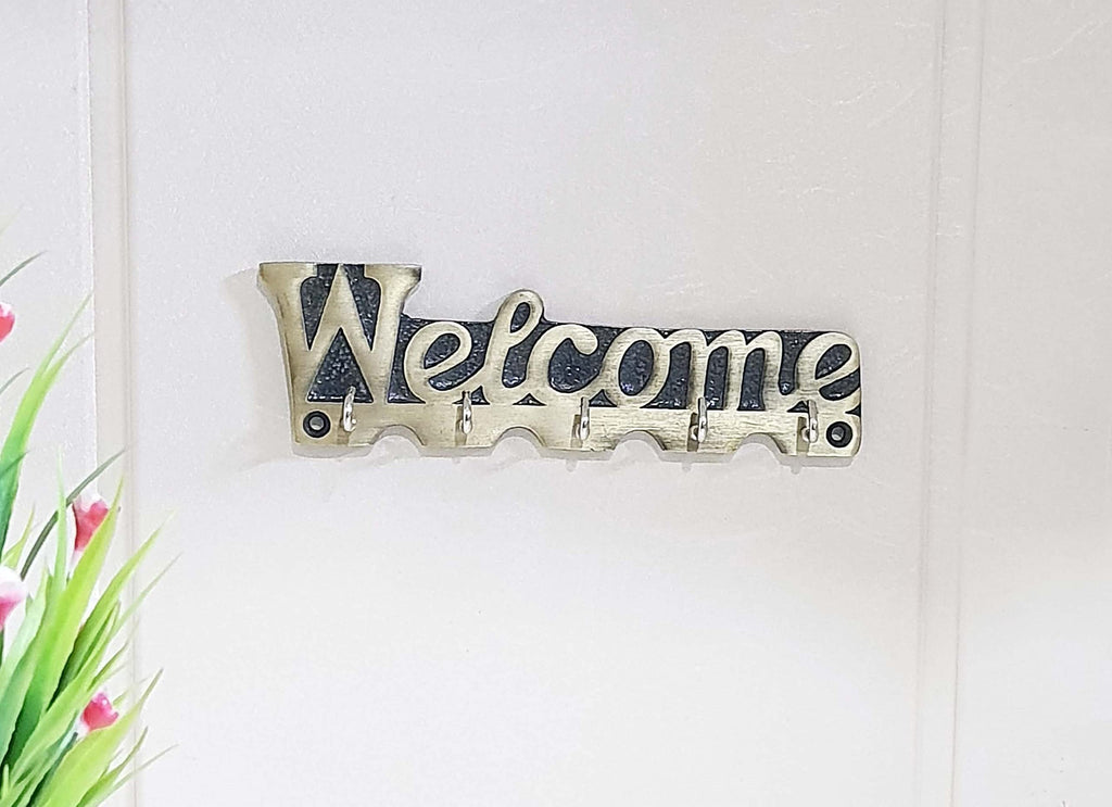 KridayKraft Metal Welcome Printed Key Holder for Living Room Bedroom Entrance Home Office Walls Décor Wall Hanging Key Hooks Wall Sculpture Modern Wall Art for Decoration & Gifting Purpose