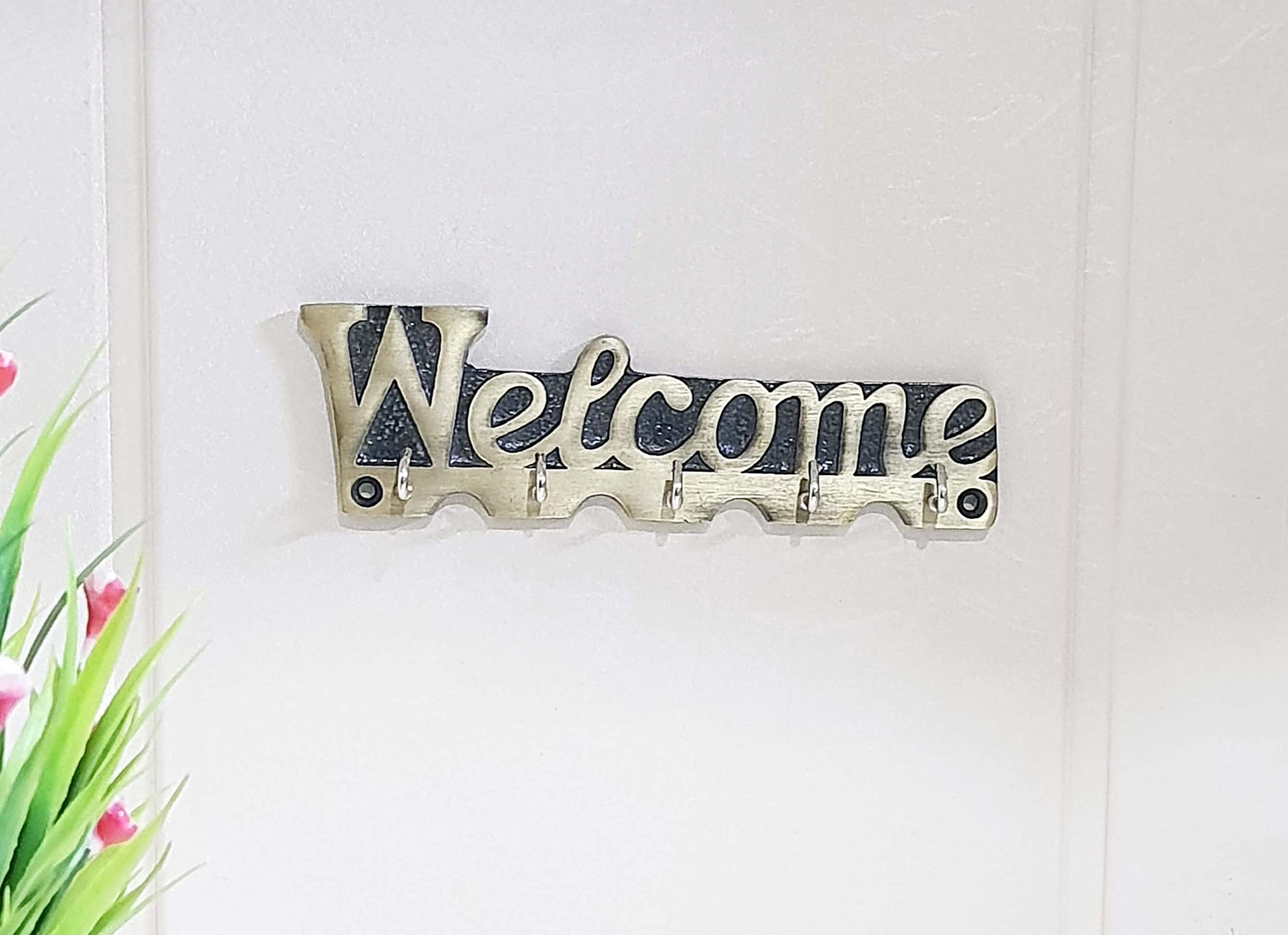 KridayKraft Metal Welcome Printed Key Holder for Living Room Bedroom Entrance Home Office Walls Décor Wall Hanging Key Hooks Wall Sculpture Modern Wall Art for Decoration & Gifting Purpose