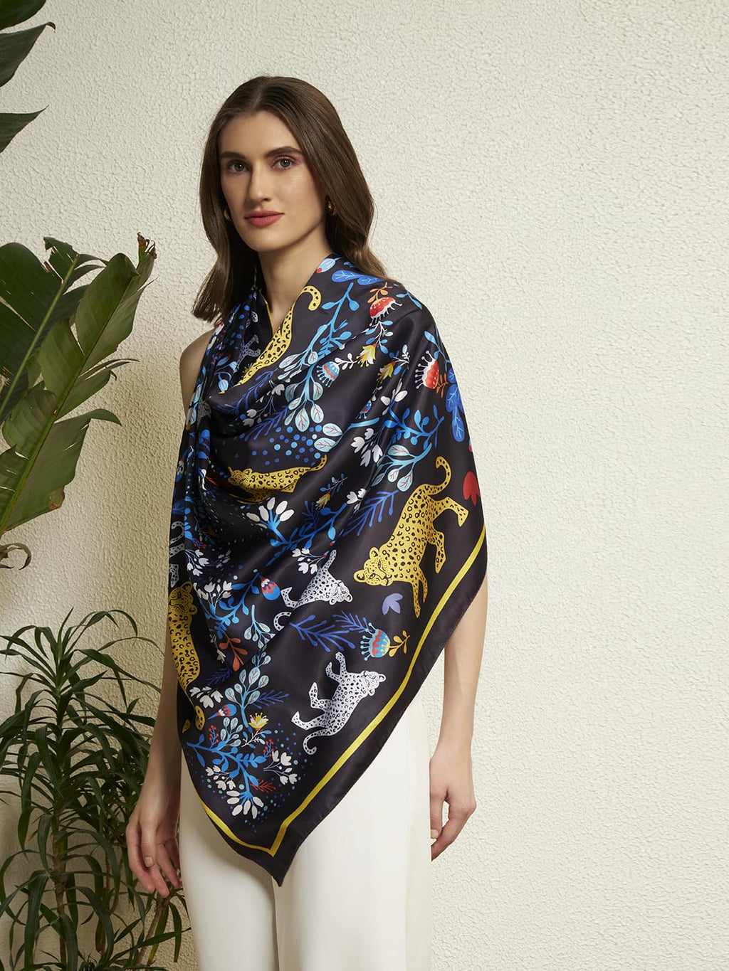 Ravaiyaa - Attitude is everything Women Silk Digital Print Large Square Scarf Breathable Lightweight Neckerchief Printed Headscarf 40 x 40 Inch (Black & Blue Jaguar)