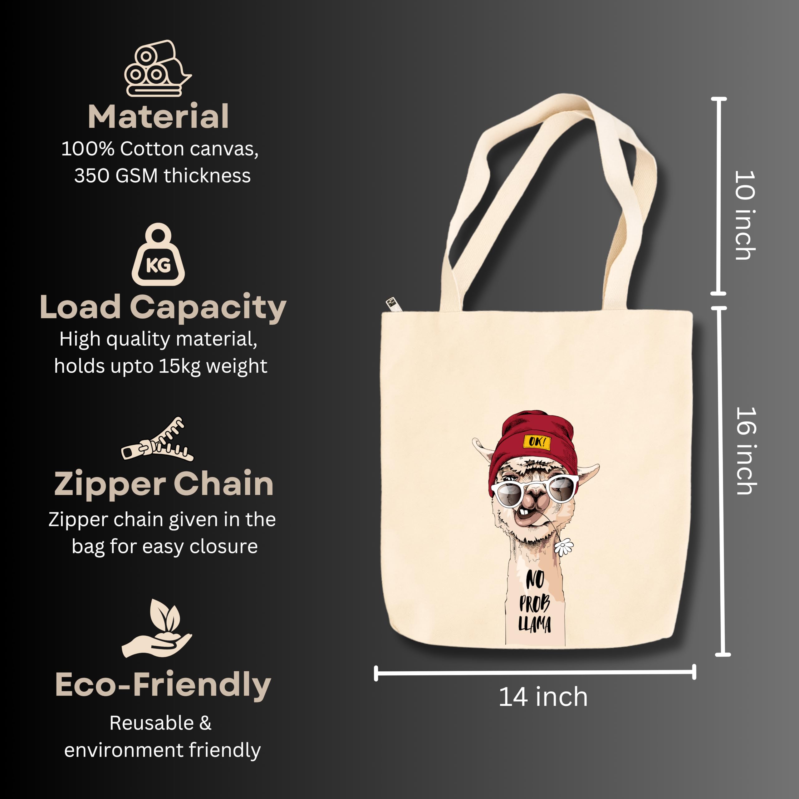 snapiq COTTON 350 GSM Canvas Tote Bag for Women and Girls Thick Fabric with Zipper (Beige, Lama)