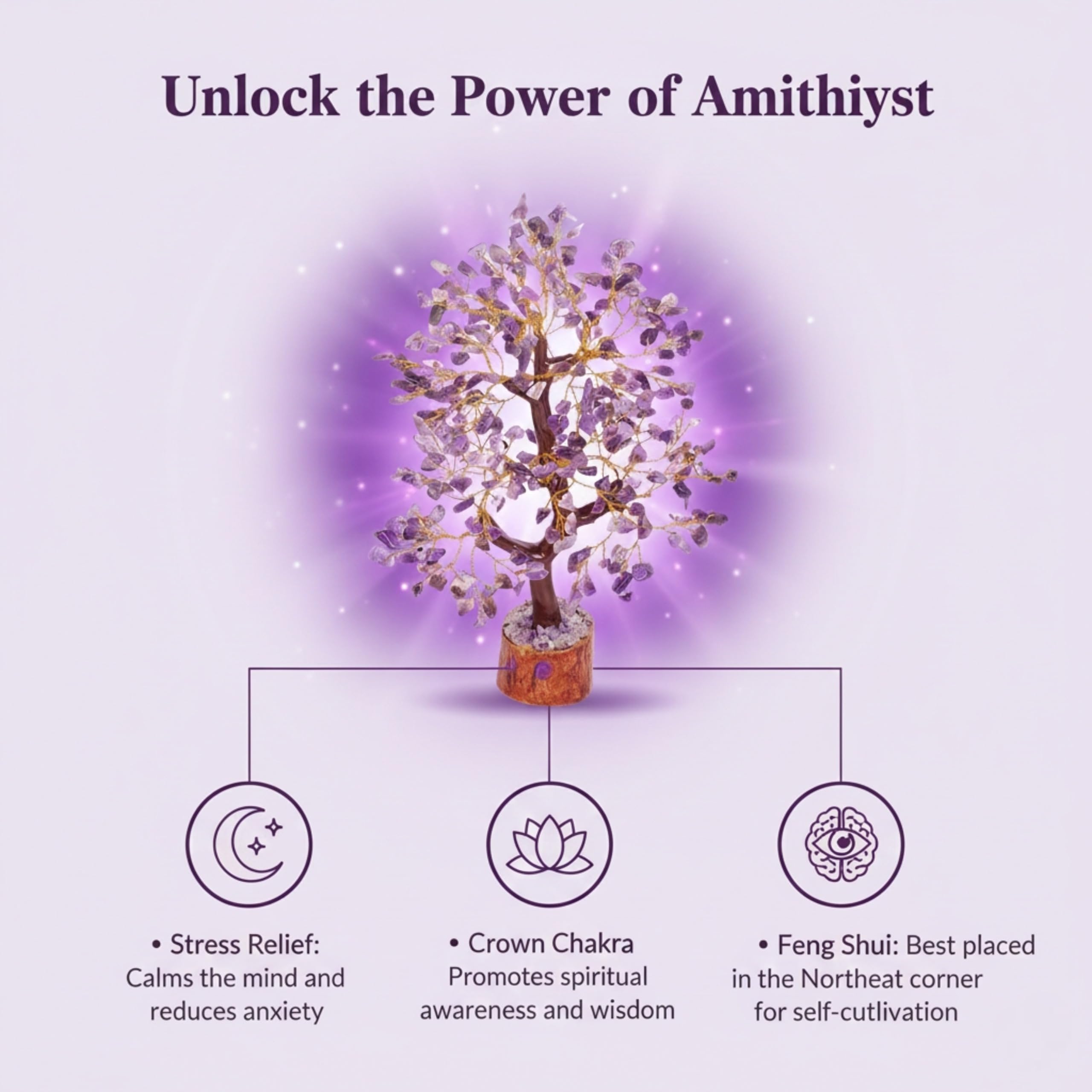 Gurram Natural Amethyst Crystal Tree of Life - 10-12 Handcrafted Gemstone Money Tree with Wooden Base - Spiritual Reiki Healing Decor, Positive Energy Gift for Housewarming, Birthdays & Office - Decorative Feng Shui Ornament (Amethyst Crystal Tree)