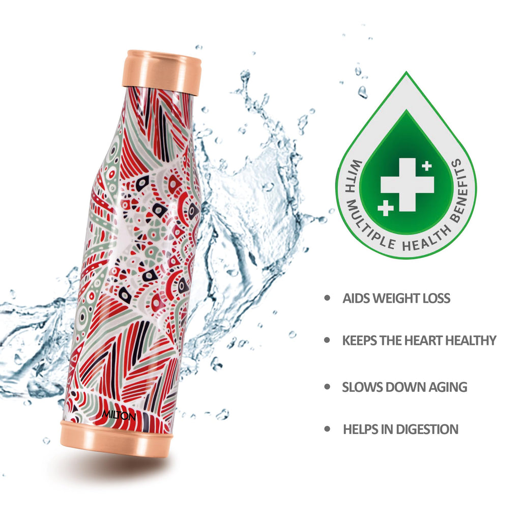 MILTON Copper Charge Design Water Bottle, 850 ml, Crafted | Lacquer Coating, Curved bottle | Diwali | Festive | Gifting | Yoga | Home | Kitchen | Vedic