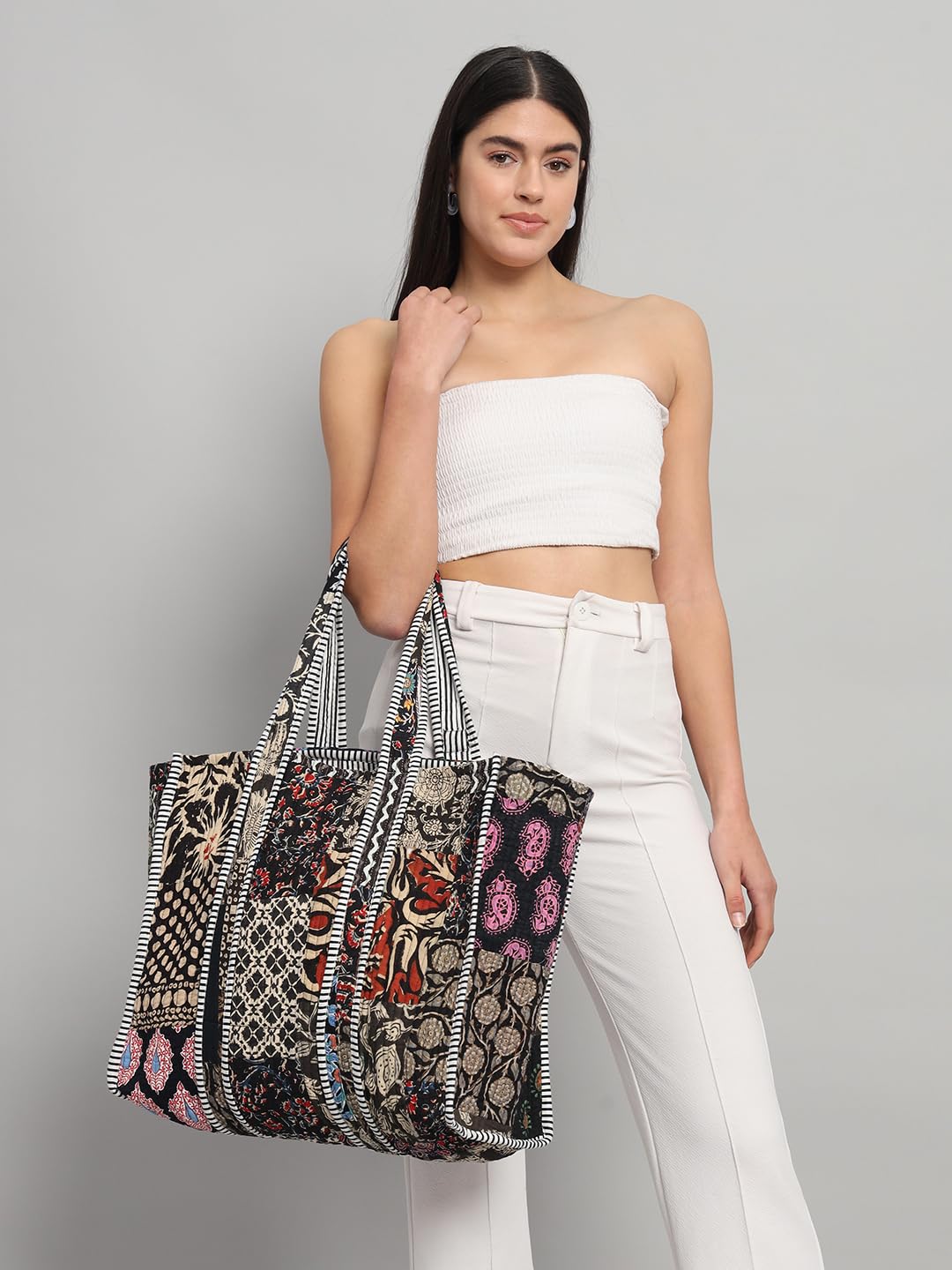 Ravaiyaa - Attitude is everything Patchwork Quilted Tote Bag Women Reversible Shoulder Bag Cotton Carry Bag Multipurpose Tote Bags (Black)