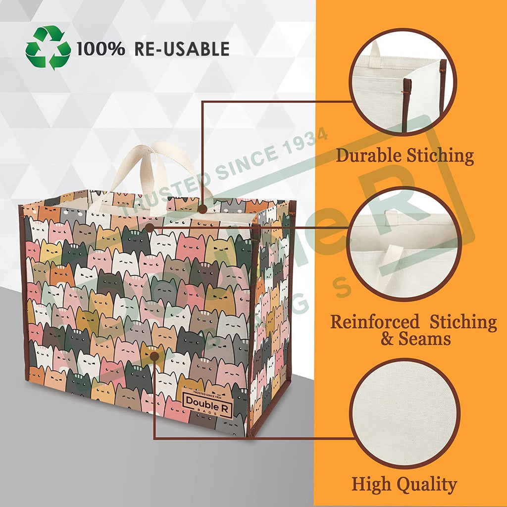 DOUBLE R BAGS Heavy Duty Cotton Canvas Grocery Shopping Bag | Eco-Friendly Cloth Tote for Vegetables, Milk, Fruits & Lunch | 33x44.4x20.3cm | 1 Compartment | Pack of 6 Catkitten Print