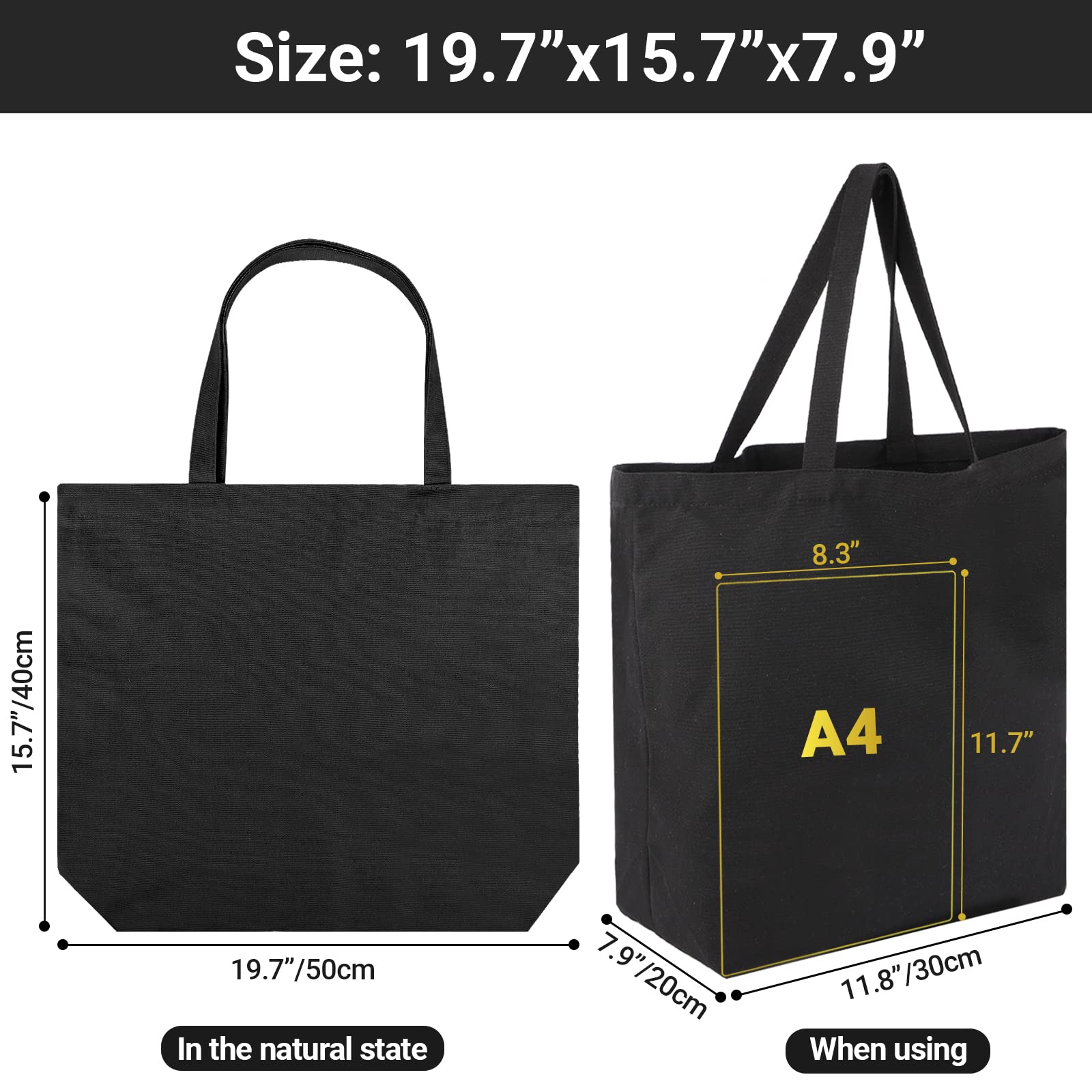 Segarty Black Canvas Tote Bag, 3 Packs 16x15 inch Canvas Bags with Zipper, 12Oz Heavy Duty Reusable Washable Grocery Shopping Bag with Handle, Blank Cotton Bags for Kids DIY Crafts Painting Bulk