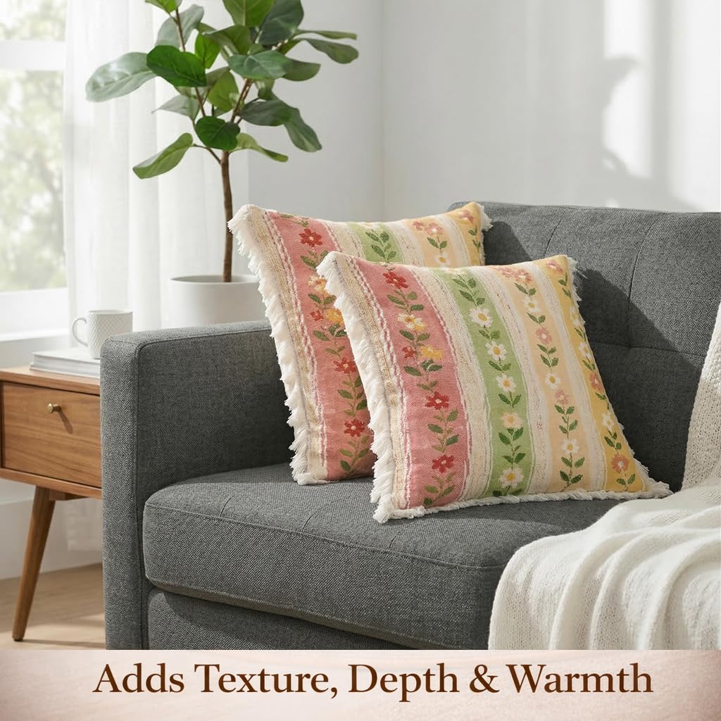STITCHNEST 'Little Meadow Series' Tassled Cushion Cover | Set of 2 | Floral Cushion Cover 24 inch x 24 inch