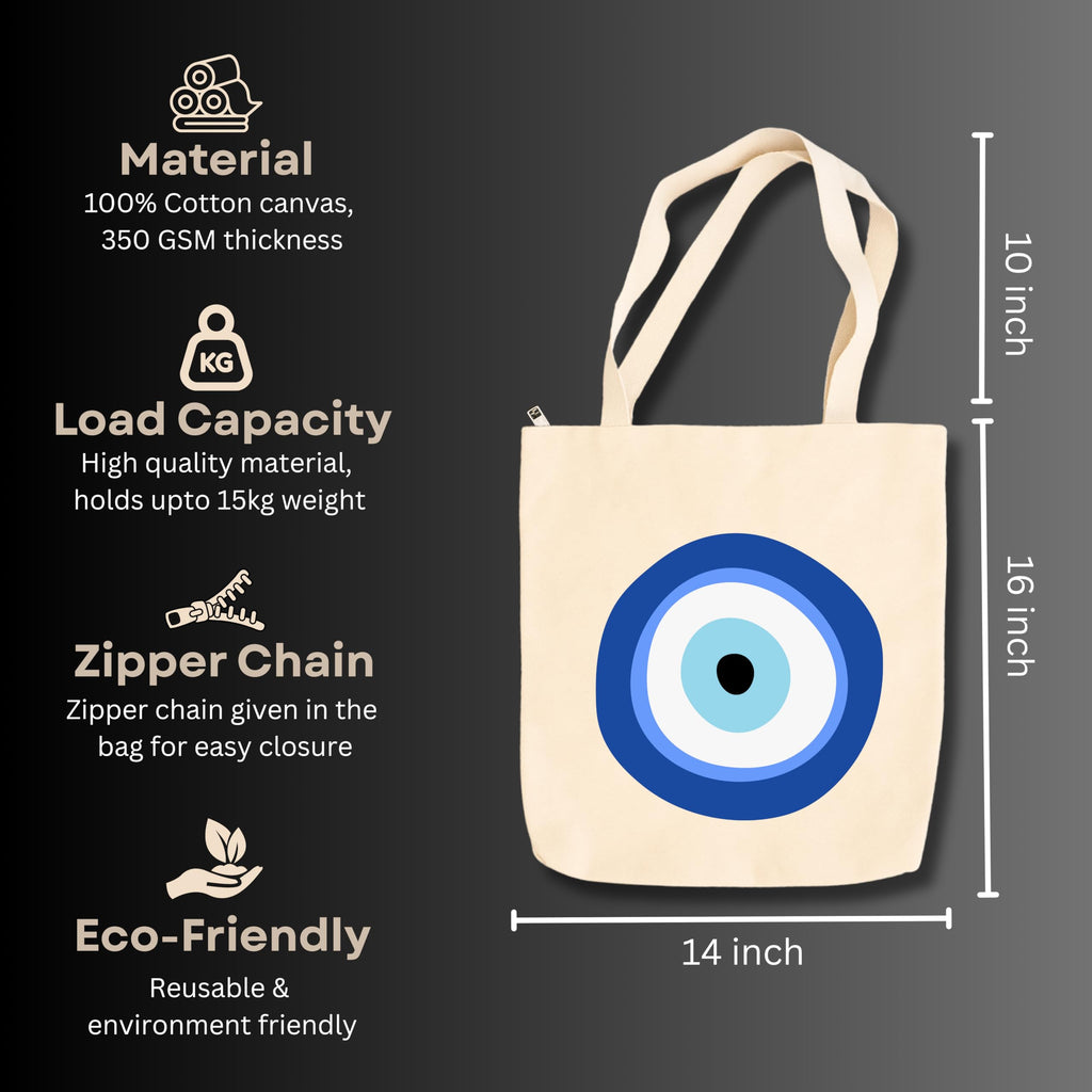 snapiq COTTON 350 GSM Canvas Tote Bag for Women and Girls Thick Fabric with Zipper (Beige, Evil Eye)