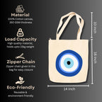 snapiq COTTON 350 GSM Canvas Tote Bag for Women and Girls Thick Fabric with Zipper (Beige, Evil Eye)