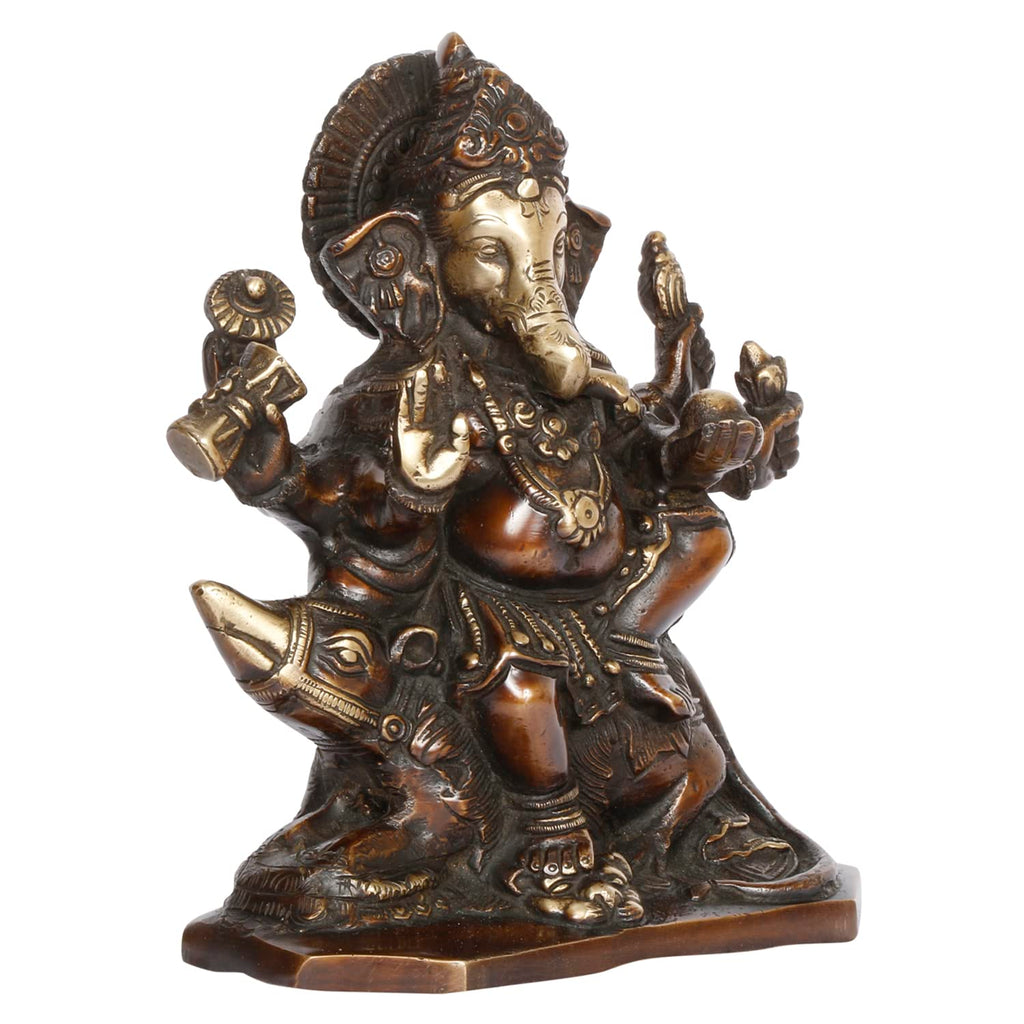 ARTVARKO Brass Ganesh Six Arms Ganesha Sitting on Rat Statue Idol for Temple Puja Home Entrance Decor Luck Gift Height 8 Inch