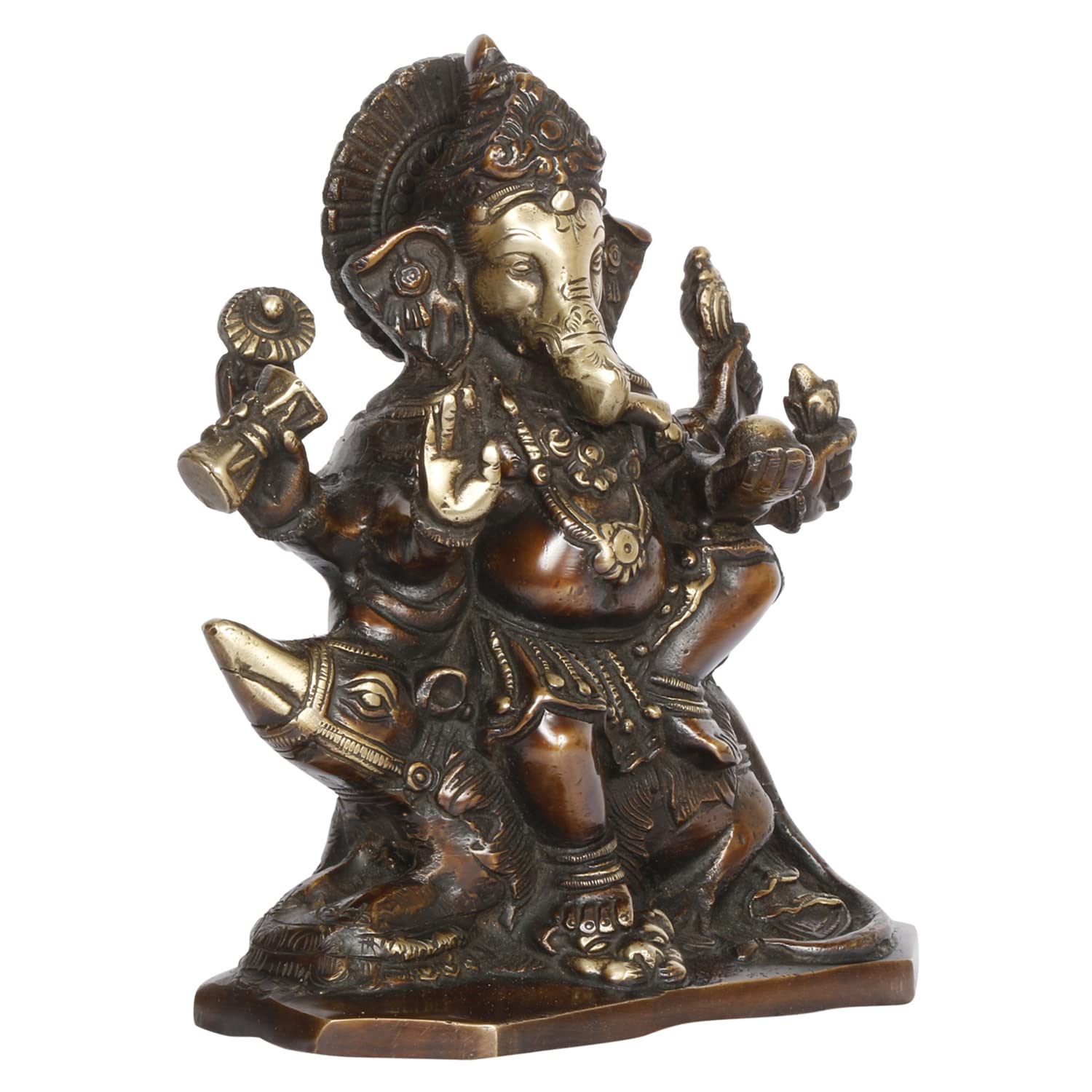 ARTVARKO Brass Ganesh Six Arms Ganesha Sitting on Rat Statue Idol for Temple Puja Home Entrance Decor Luck Gift Height 8 Inch