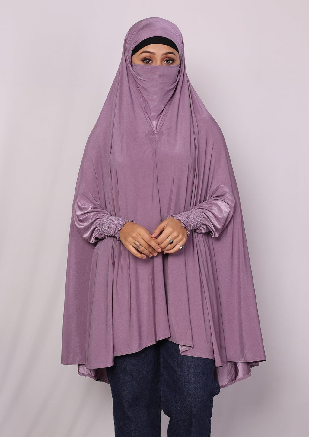 ICW Women Stretchable Jersey Smoking Sleeve Jilbab Cum Prayer khimar Hijab (Free Size) (Purple)
