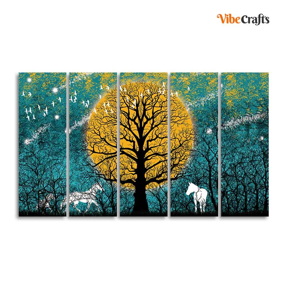 VIBECRAFTS Beautiful White Horses in Forest Premium Wall Painting of Five Pieces For Home|Office|Living Room|Gift (PTVC5Pcs4_8704)
