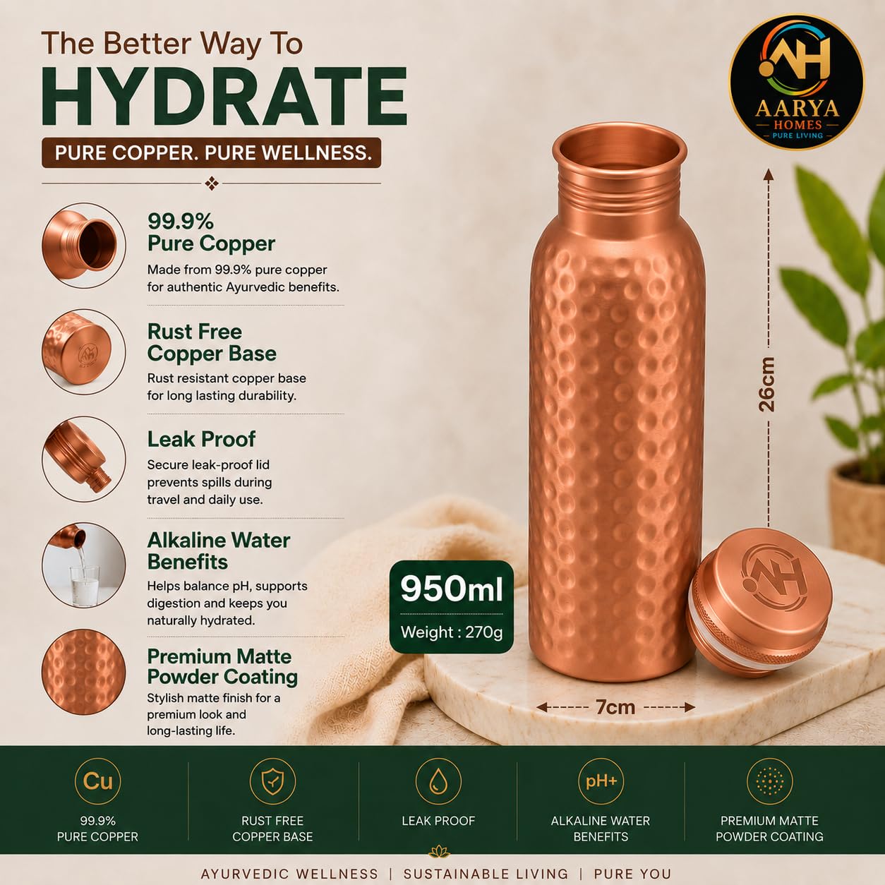 AARYA HOMES Pure Hammered Copper Water Bottle(950ml) | BPA-Free | Leak Proof | 99.9% Pure Copper | Antioxidant Benefits | Ayurveda Inspired | With Cleaning Powder,Brush,Silicon O-Ring & Premium Pouch.